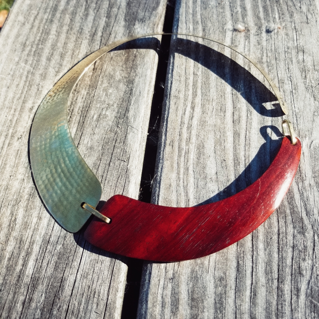 Hammered Brass Wood Collar Necklace Jewler